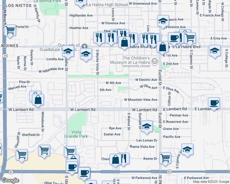 map of restaurants, bars, coffee shops, grocery stores, and more near 510 McFadden Street in La Habra