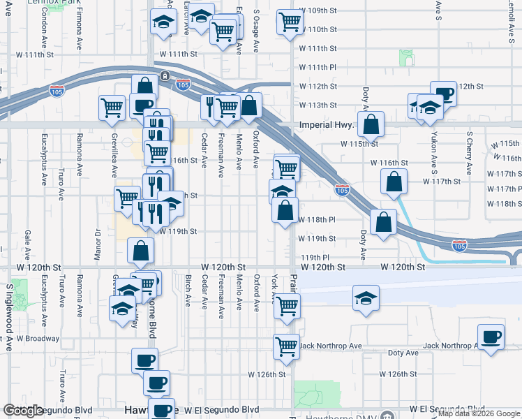 map of restaurants, bars, coffee shops, grocery stores, and more near 11838 Oxford Avenue in Hawthorne