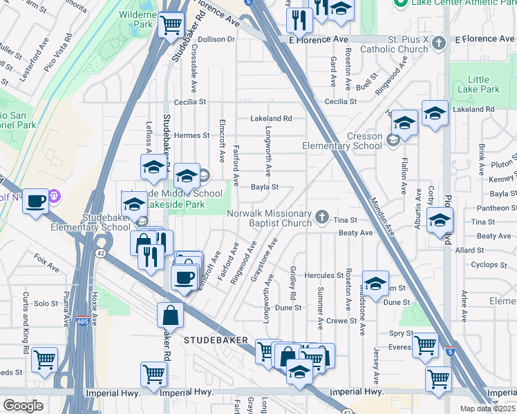 map of restaurants, bars, coffee shops, grocery stores, and more near 11232 Pantheon Street in Norwalk