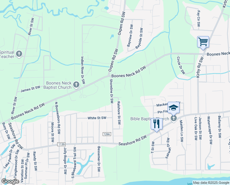 map of restaurants, bars, coffee shops, grocery stores, and more near 2589 Aberdeen Street Southwest in Brunswick County