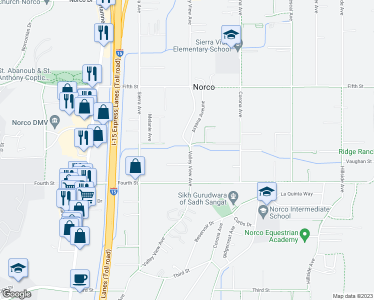 map of restaurants, bars, coffee shops, grocery stores, and more near 3068 Valley View Avenue in Norco