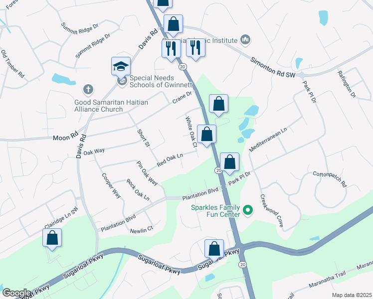 map of restaurants, bars, coffee shops, grocery stores, and more near 383 Red Oak Lane in Lawrenceville