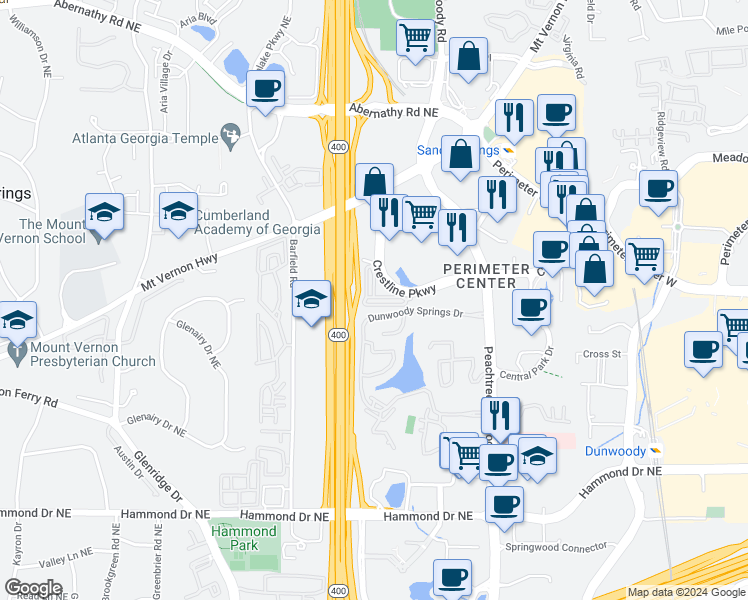 map of restaurants, bars, coffee shops, grocery stores, and more near 1003 Pearl Point Northeast in Atlanta
