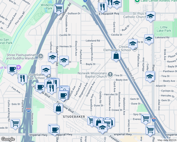 map of restaurants, bars, coffee shops, grocery stores, and more near 11232 Pantheon Street in Norwalk