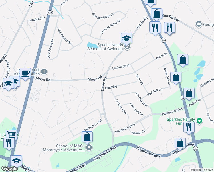 map of restaurants, bars, coffee shops, grocery stores, and more near 577 Oak Way in Lawrenceville
