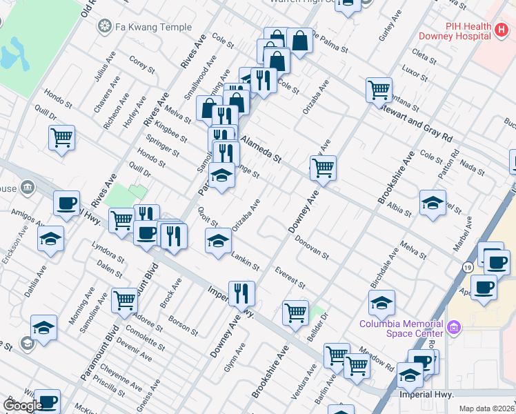 map of restaurants, bars, coffee shops, grocery stores, and more near 12292 Orizaba Avenue in Downey