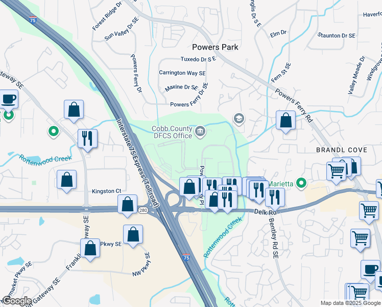 map of restaurants, bars, coffee shops, grocery stores, and more near 2315 Highland Parc Place Southeast in Marietta