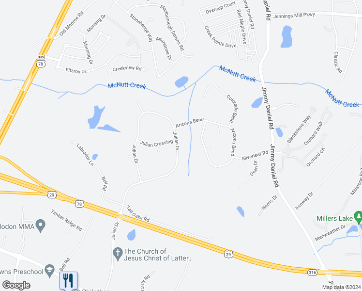 map of restaurants, bars, coffee shops, grocery stores, and more near 1510 Julian Drive in Watkinsville