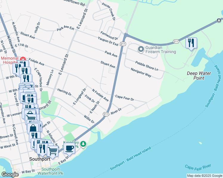 map of restaurants, bars, coffee shops, grocery stores, and more near 1005 East Moore Street in Southport