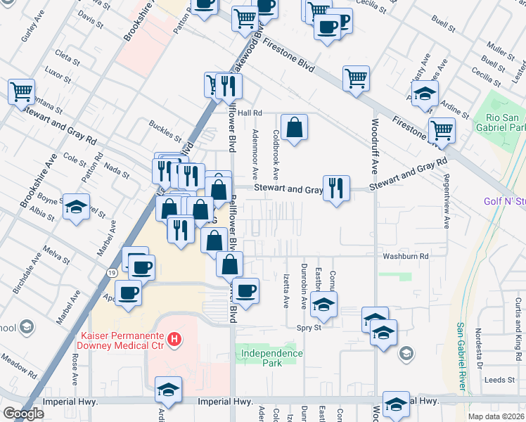 map of restaurants, bars, coffee shops, grocery stores, and more near 9245 Elm Vista Drive in Downey