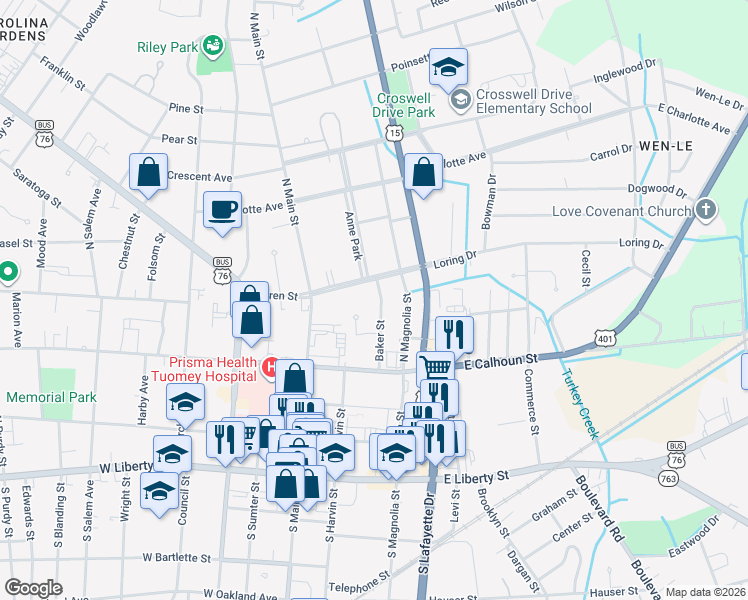 map of restaurants, bars, coffee shops, grocery stores, and more near 30 Loring Drive in Sumter