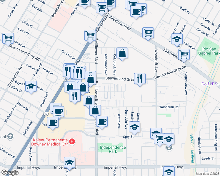 map of restaurants, bars, coffee shops, grocery stores, and more near 9255 Elm Vista Drive in Downey