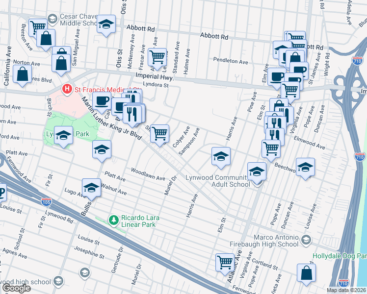 map of restaurants, bars, coffee shops, grocery stores, and more near 11267 Sampson Avenue in Lynwood