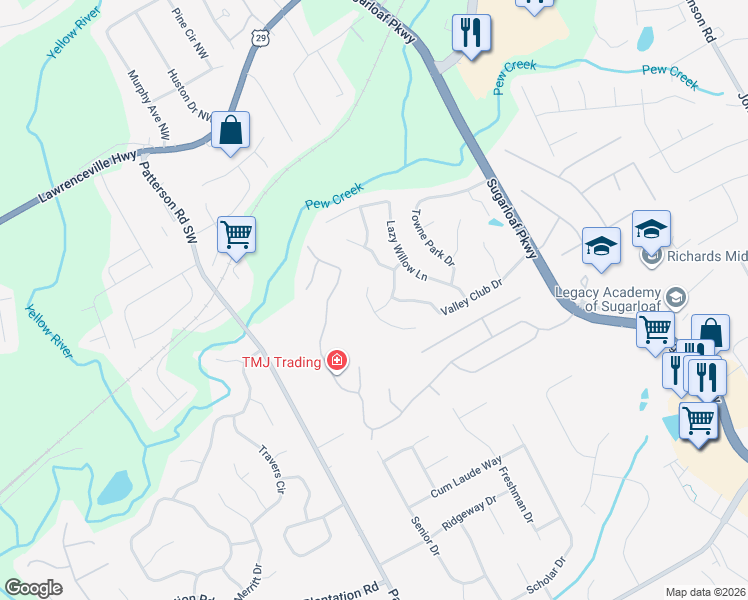 map of restaurants, bars, coffee shops, grocery stores, and more near 76 Daisy Meadow Trail in Lawrenceville
