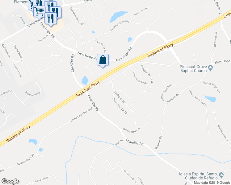 map of restaurants, bars, coffee shops, grocery stores, and more near 1198 Donington Circle Southeast in Lawrenceville