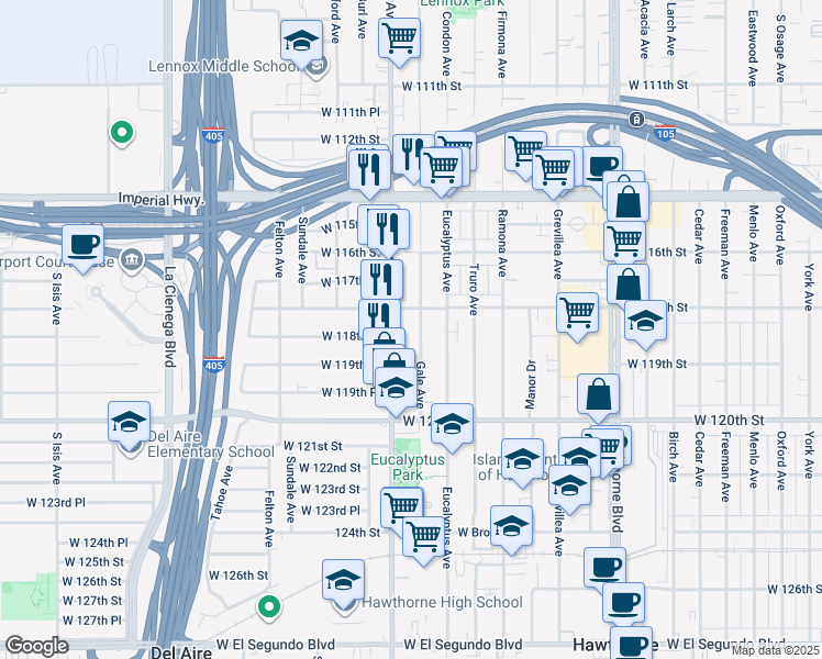 map of restaurants, bars, coffee shops, grocery stores, and more near 4760 West 118th Street in Hawthorne