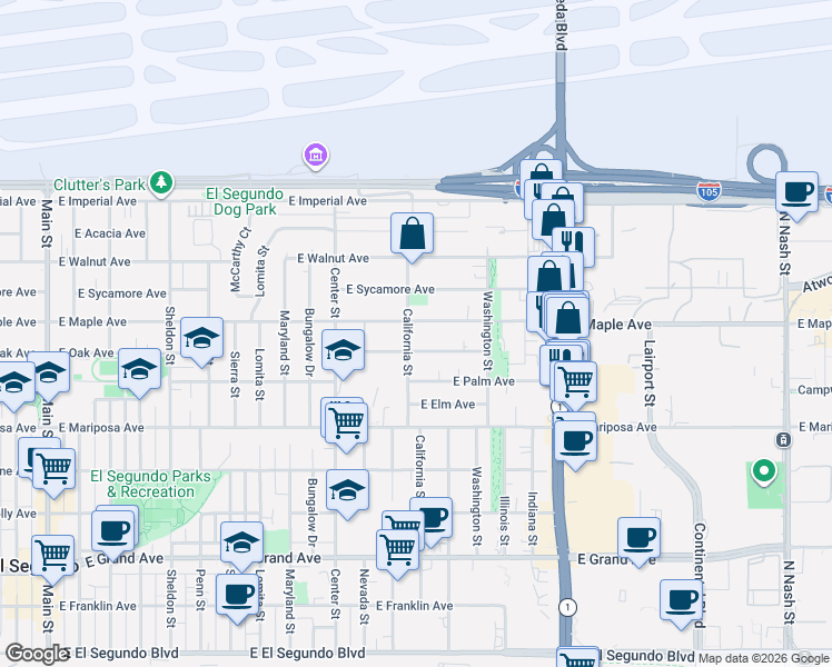 map of restaurants, bars, coffee shops, grocery stores, and more near 758 California Street in El Segundo