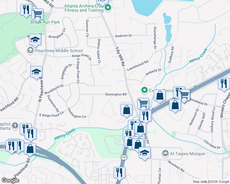 map of restaurants, bars, coffee shops, grocery stores, and more near 2502 Stonington Road in Dunwoody