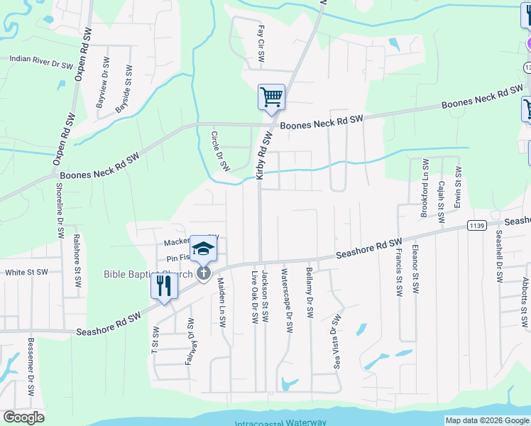 map of restaurants, bars, coffee shops, grocery stores, and more near 2474 Kirby Road Southwest in Brunswick County