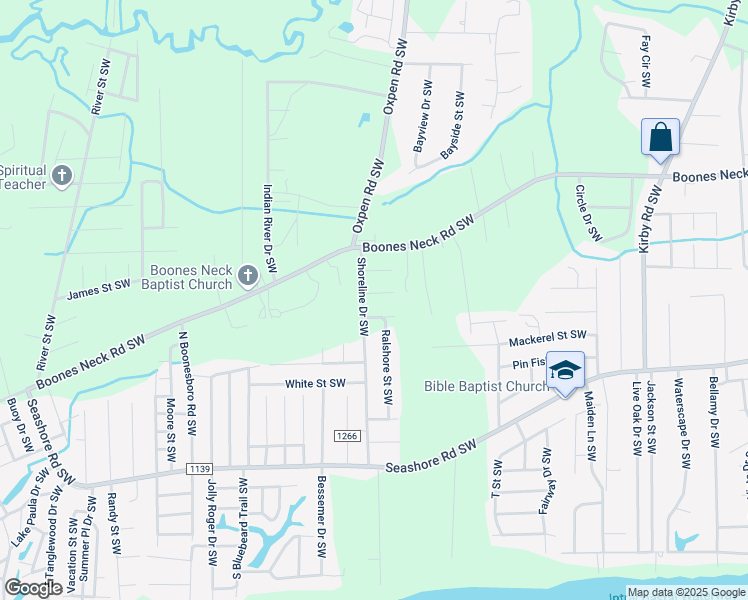 map of restaurants, bars, coffee shops, grocery stores, and more near 2589 Aberdeen Street Southwest in Brunswick County