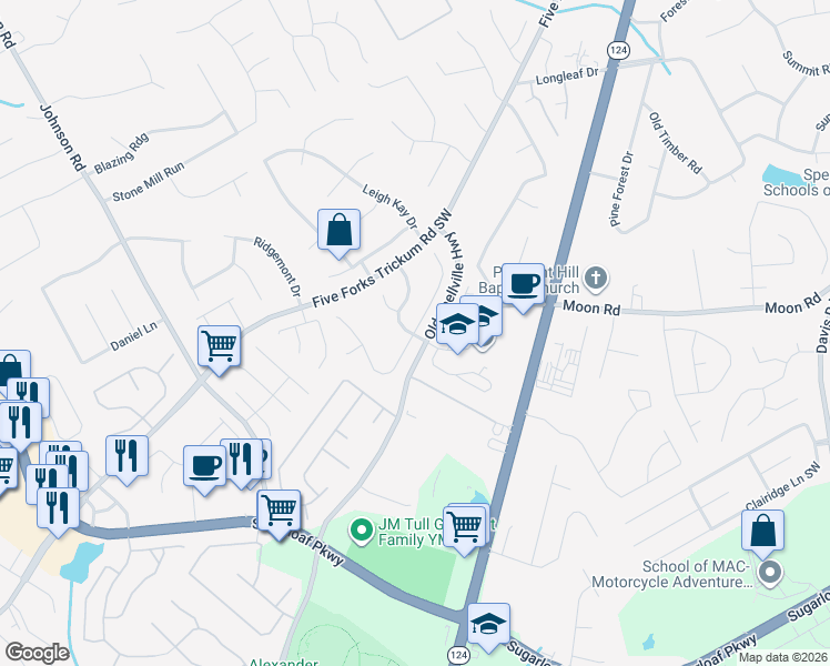 map of restaurants, bars, coffee shops, grocery stores, and more near 1092 Pecan Grove Place Southwest in Lawrenceville
