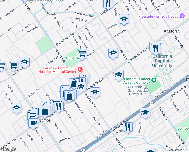 map of restaurants, bars, coffee shops, grocery stores, and more near 3900 Sherman Drive in Riverside