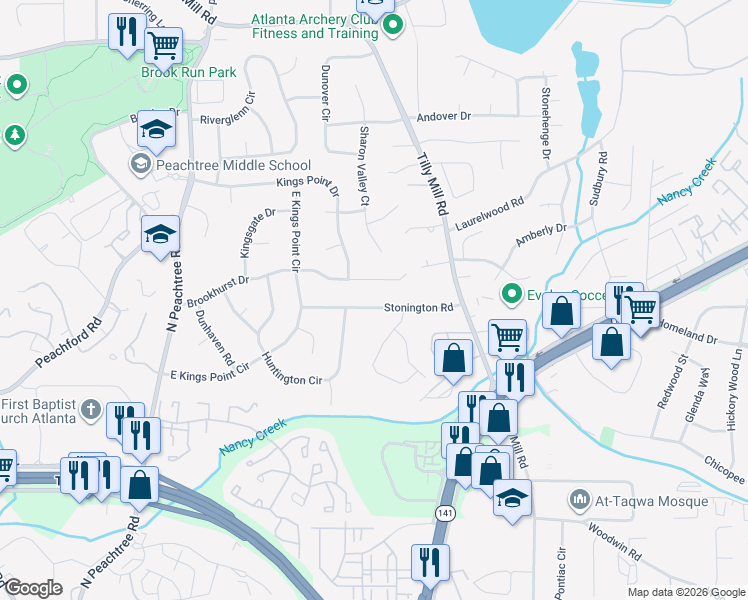 map of restaurants, bars, coffee shops, grocery stores, and more near 2462 Stonington Road in Dunwoody