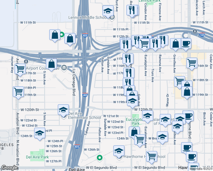 map of restaurants, bars, coffee shops, grocery stores, and more near 4942 West 118th Street in Hawthorne