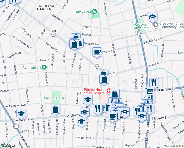 map of restaurants, bars, coffee shops, grocery stores, and more near 80 Church Court in Sumter