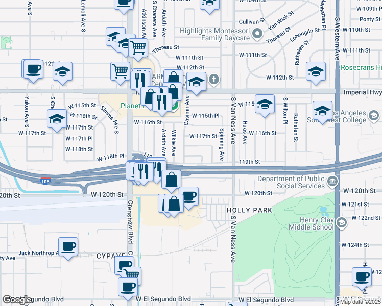 map of restaurants, bars, coffee shops, grocery stores, and more near 2533 West 118th Place in Hawthorne