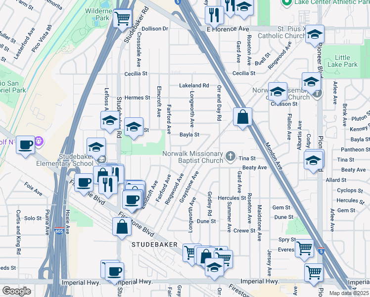 map of restaurants, bars, coffee shops, grocery stores, and more near 11232 Pantheon Street in Norwalk