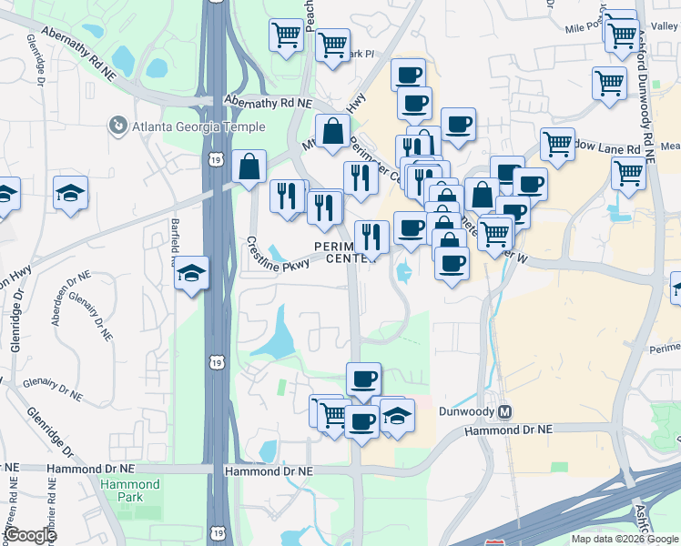map of restaurants, bars, coffee shops, grocery stores, and more near 916 Crestline Parkway in Sandy Springs