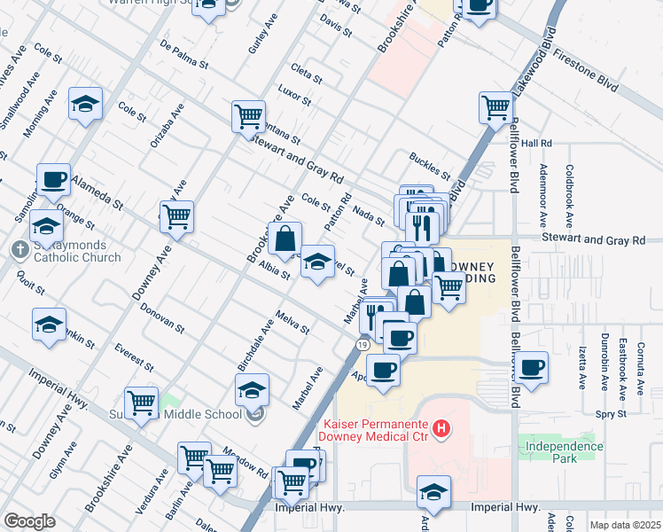 map of restaurants, bars, coffee shops, grocery stores, and more near 8630 Cavel Street in Downey