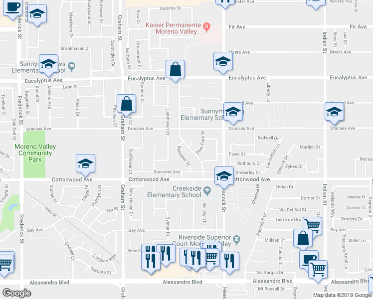 map of restaurants, bars, coffee shops, grocery stores, and more near 13365 Running Deer Road in Moreno Valley