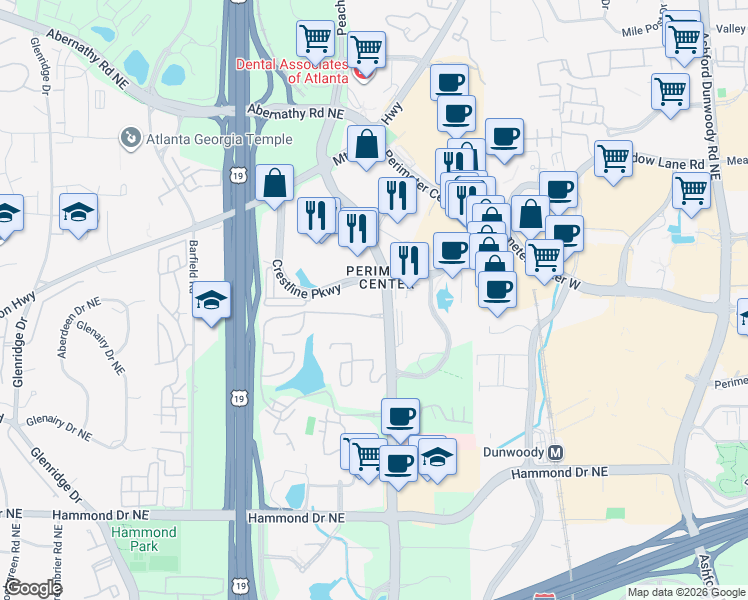 map of restaurants, bars, coffee shops, grocery stores, and more near 916 Crestline Parkway in Sandy Springs
