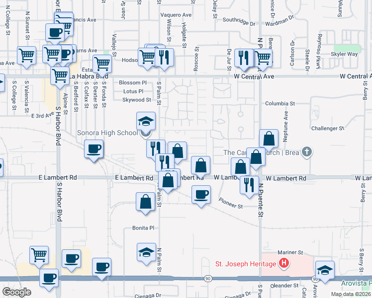 map of restaurants, bars, coffee shops, grocery stores, and more near 551 Lake Grove Way in La Habra