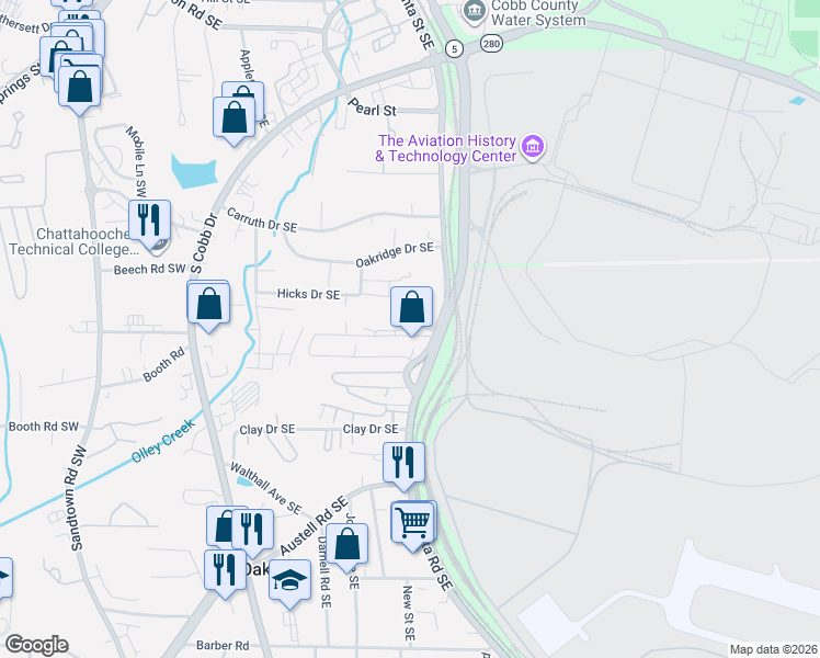 map of restaurants, bars, coffee shops, grocery stores, and more near 15 Dunn Avenue in Marietta