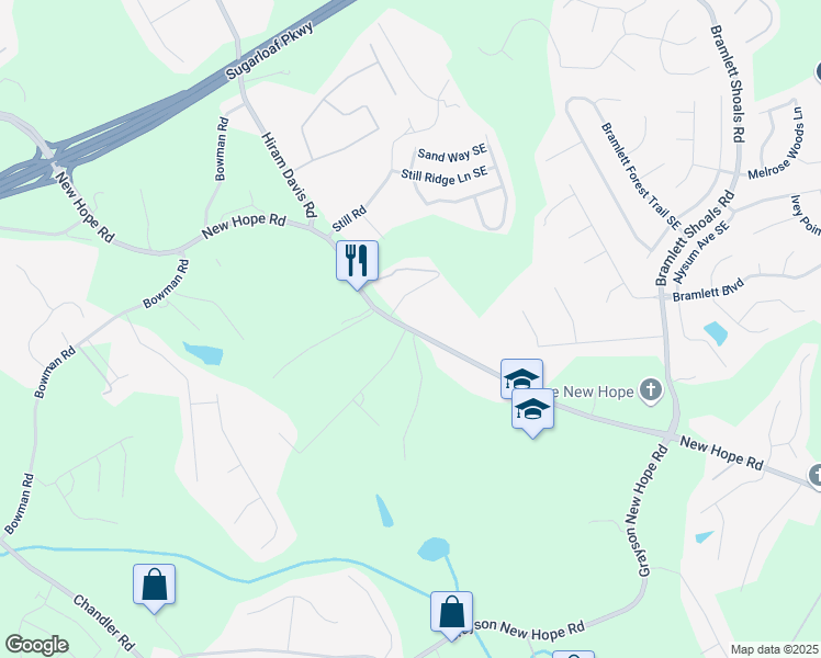 map of restaurants, bars, coffee shops, grocery stores, and more near New Hope Road Southeast in Gwinnett County