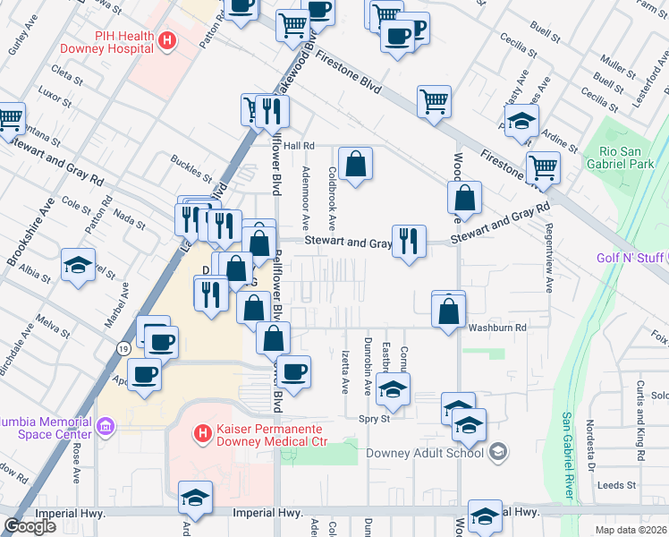 map of restaurants, bars, coffee shops, grocery stores, and more near 9317 Elm Vista Drive in Downey