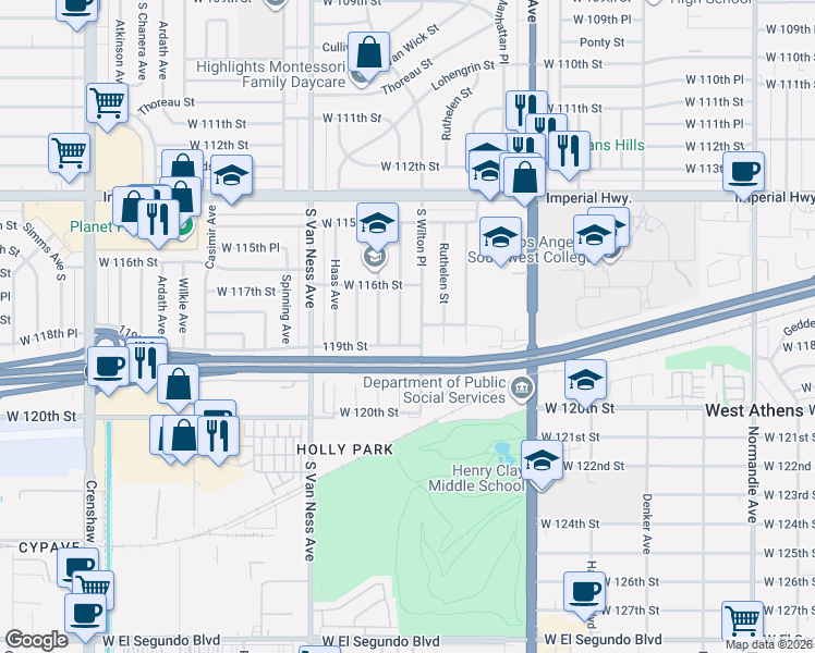 map of restaurants, bars, coffee shops, grocery stores, and more near 11702 Tarron Avenue in Hawthorne