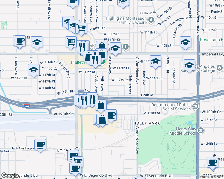 map of restaurants, bars, coffee shops, grocery stores, and more near 2533 West 118th Place in Hawthorne