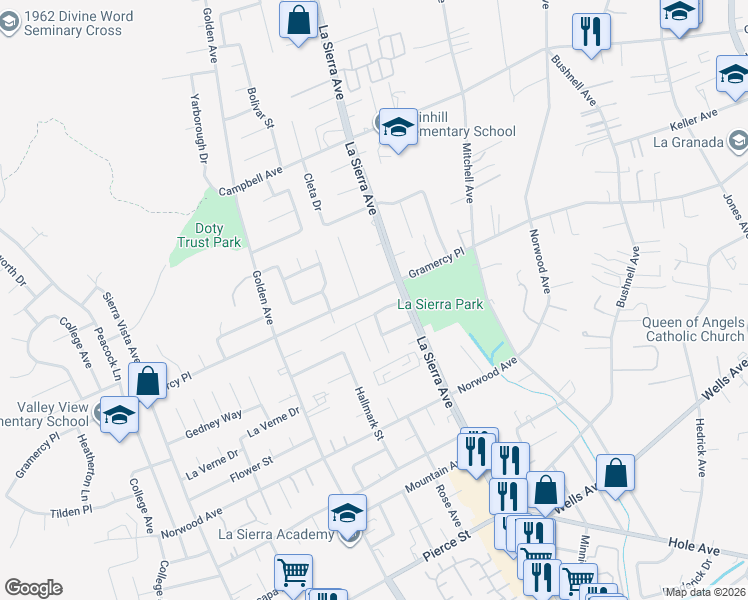 map of restaurants, bars, coffee shops, grocery stores, and more near 11146 Gramercy Place in Riverside