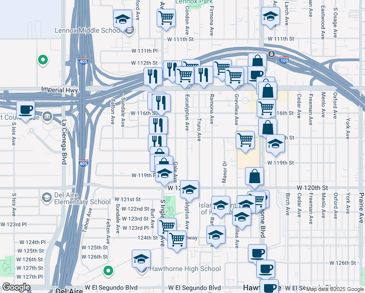 map of restaurants, bars, coffee shops, grocery stores, and more near 11819 Eucalyptus Avenue in Hawthorne