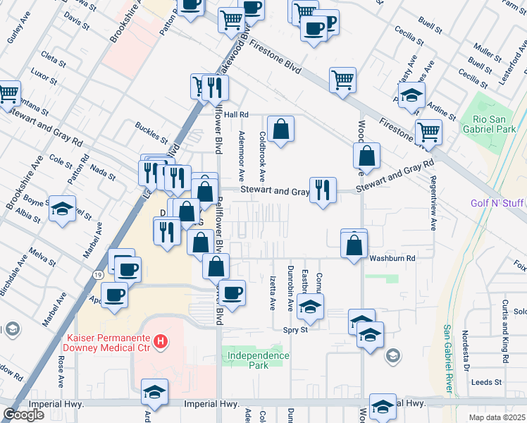 map of restaurants, bars, coffee shops, grocery stores, and more near 9317 Elm Vista Drive in Downey