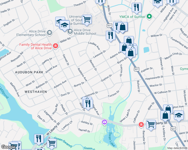 map of restaurants, bars, coffee shops, grocery stores, and more near 229 Burns Drive in Sumter