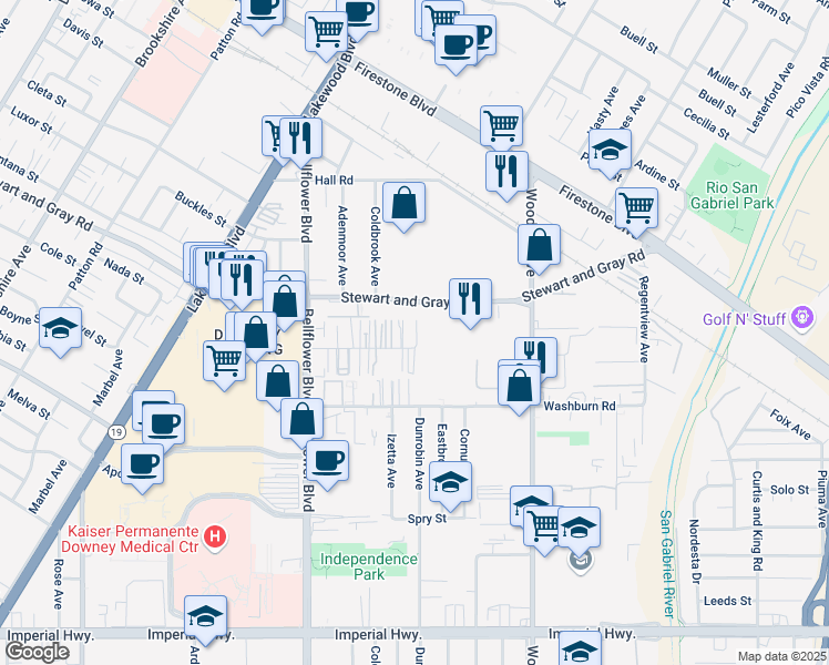 map of restaurants, bars, coffee shops, grocery stores, and more near 9333 Elm Vista Drive in Downey
