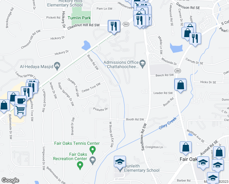 map of restaurants, bars, coffee shops, grocery stores, and more near 297 East Burns Court Southwest in Marietta