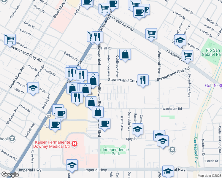 map of restaurants, bars, coffee shops, grocery stores, and more near 9255 Elm Vista Drive in Downey