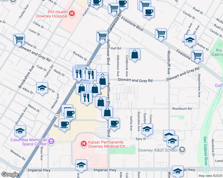 map of restaurants, bars, coffee shops, grocery stores, and more near 11926 Bellflower Boulevard in Downey