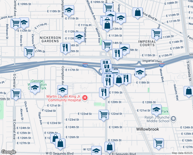map of restaurants, bars, coffee shops, grocery stores, and more near 11726 Holmes Avenue in Los Angeles